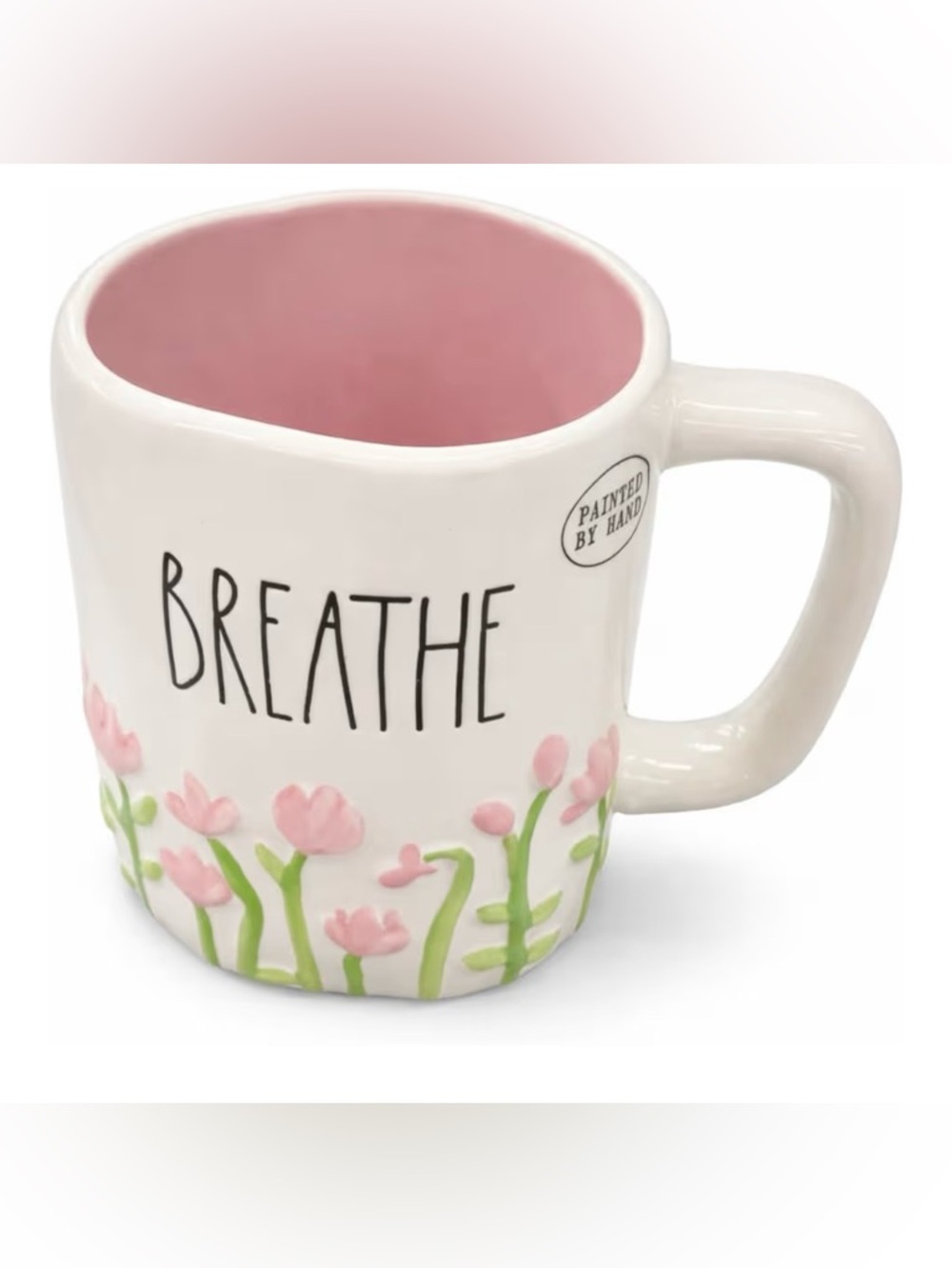 Rae Dunn NEW “Breathe” white ceramic mug with pink flowers & interior
